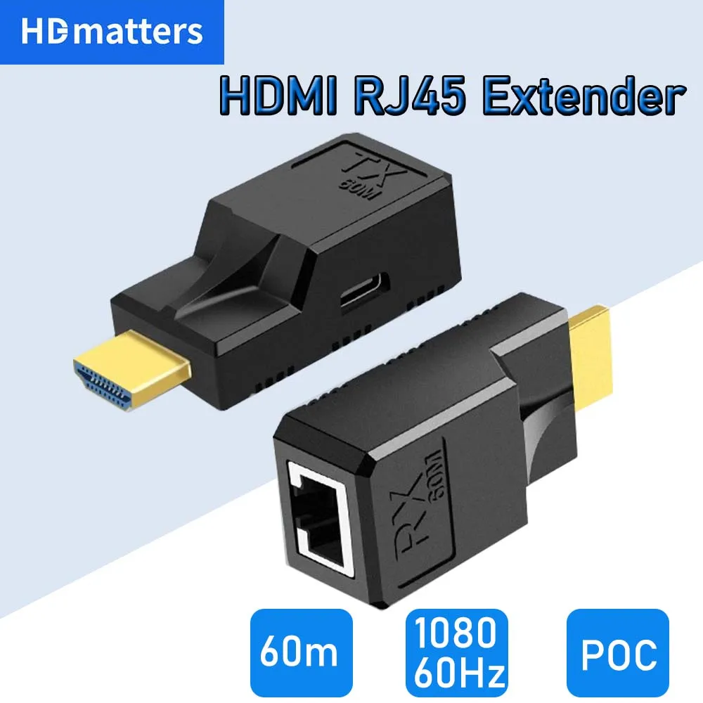 HDMI Extender 60M over Cat5e/6/7 cable 1080P HDMI to RJ45 converter Extender HDMI over Ethernet for PC laptop PS4 PS5 HDTV