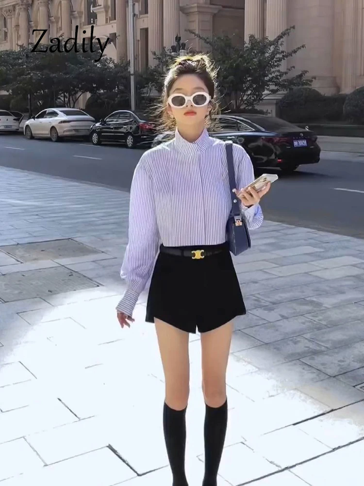 Long Sleeve Striped Blouse for Women, Office Lady, Button Up Embroidery, Stand Neck, Crop Tops, Korean Style, Summer, 2024