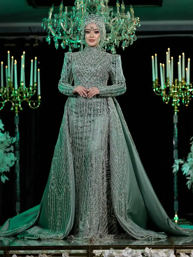 

Green Muslim Long Sleeve Mermaid Wedding Evening Dresses With Overskirt Customized Dubai Luxury Crystals Beaded Prom Dresses