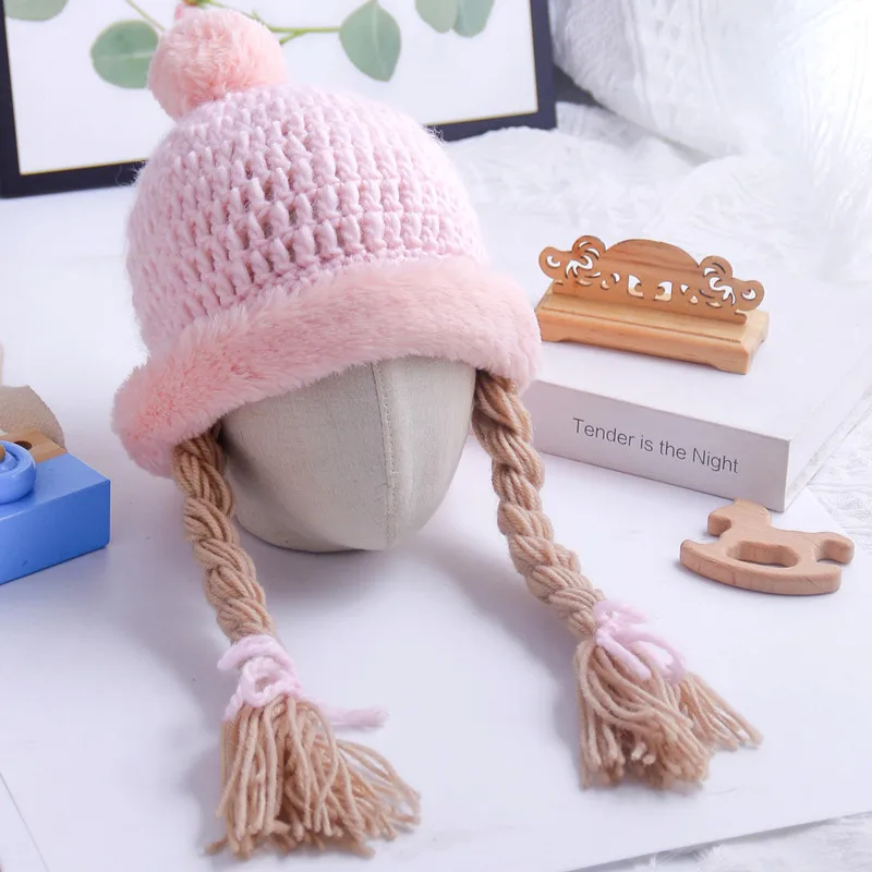 

Autumn Winter Warm Baby Girl Princess Hat Hair Pigtail Braid Wig Cap Plush Ball Crochet Knit Children Hats Caps for Kids Girls