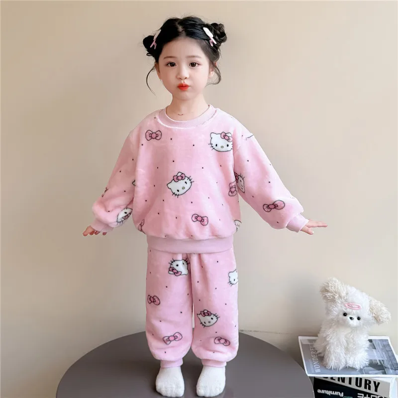 

Kawaii Anime Sanrio 2Pcs Hello Kitty Girls Flannel Pajama Set Kawaii Cute Winter Warm Thicke Pullover Pants Cartoon Homewear