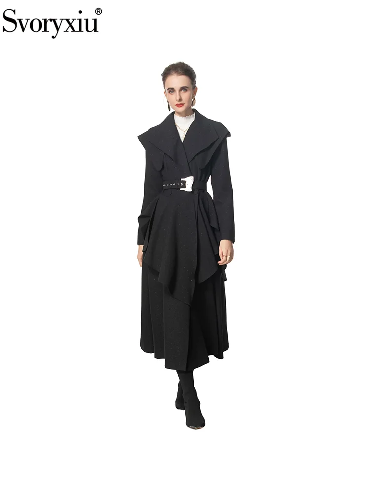 

Svoryxiu Fashion Runway Autumn Black Long Style Overcoat Women's Turn-down Collar Belt Long Sleeve Flounces A-Line Overcoat