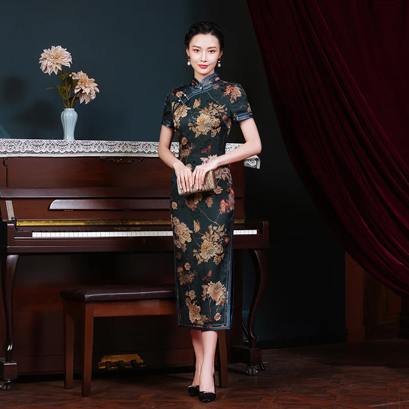 High Quality Real Silk Flower Rose Satin Long Short Sleeve Improve Daily Cheongsam Qipao Dress