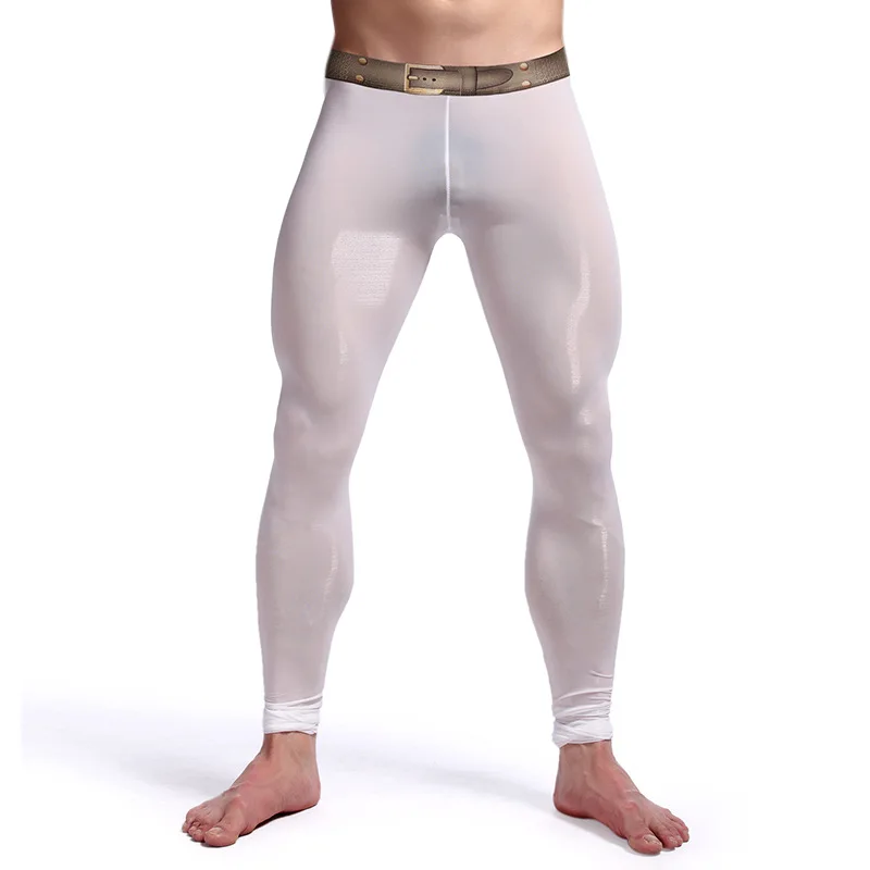 

Men's Sexy Belt Tight Pants Male Thin Ice Silk Elastic Long Johns Yoga Fitness Coach Warm Undercover Performance Nine Point Pant