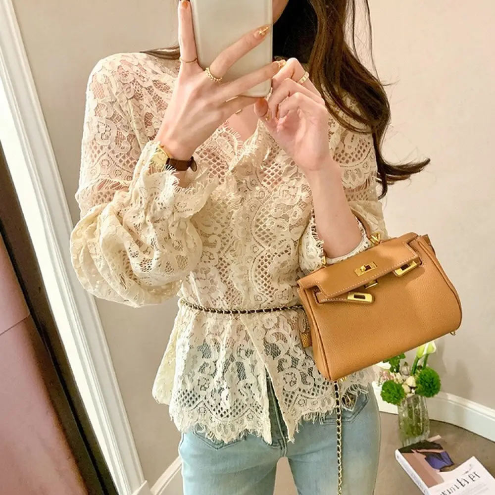 Fashion Lace Top Women Spring Elegant V Neck Shirt Long Sleeve Hollow Out Slimming Female Casual Streetwear Blouse