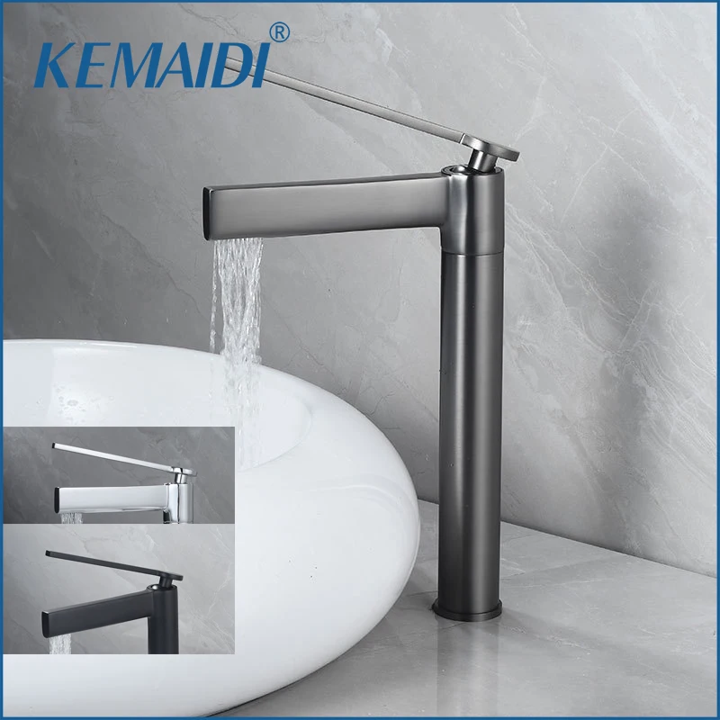 kemaidi matte black ultra thin banheiro vaso torneira da pia single handle cachoeira torneiras do banheiro torneira misturadora montada deck cinza 01