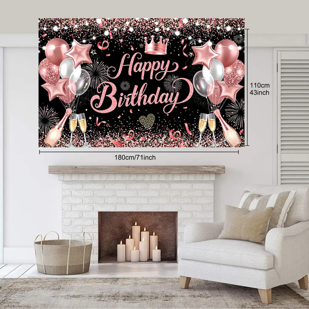 Pink Gold Black Happy Birthday Background Rose Gold Glitter Balloon Birthday Decoration Party Decor Home Photography Backdrop