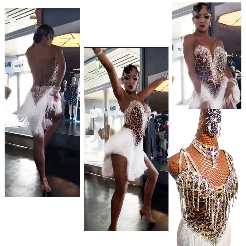 New Latin Dance Competition Performance Art Exam Adult Female Leopard Pattern Sparkling Diamond White Tassel Sexy High end Dance