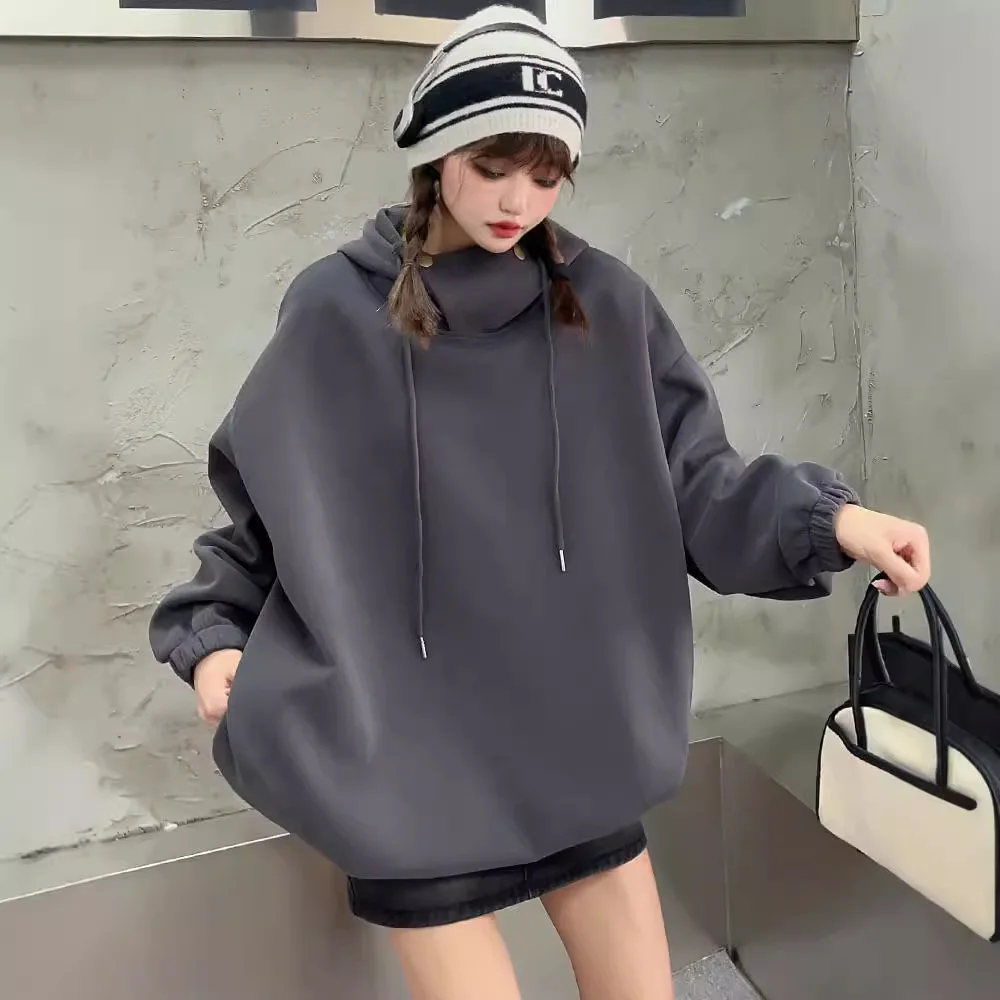 Oversize Hoodie Women Medium Length Loose Casual Simple Solid Color High-end Hooded Sweatshirs 2025 New Autumn Winter