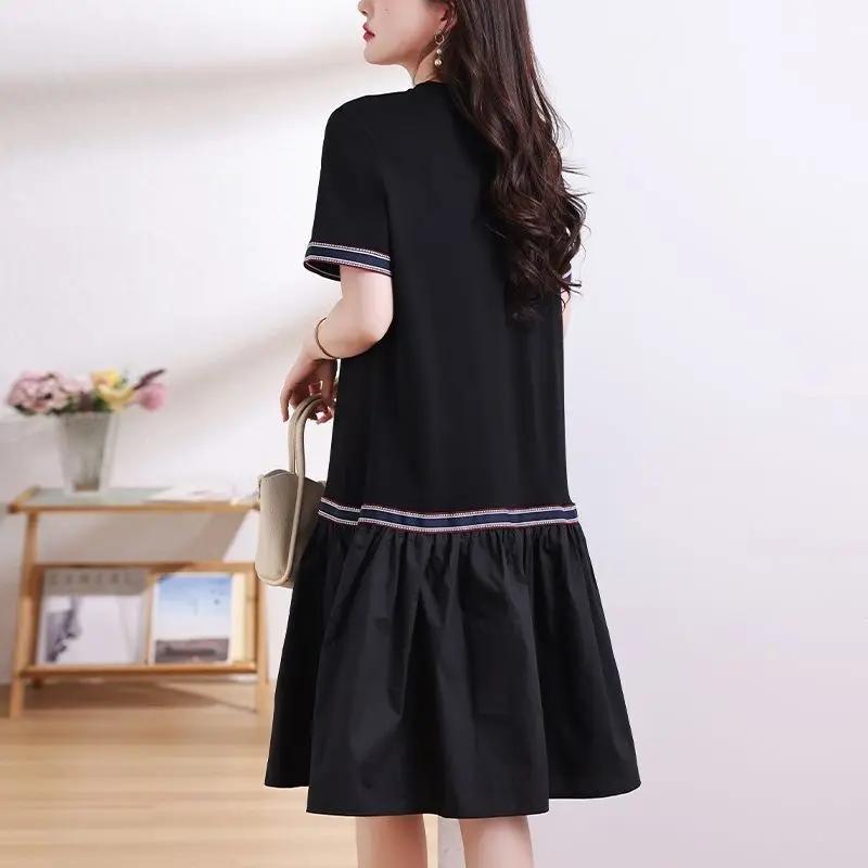 2024 New Fashion All-match Short Sleeve Dresses Ladies Pleated O-neck Women\'s Clothing Summer Elegant Pullovers A-line Skirt