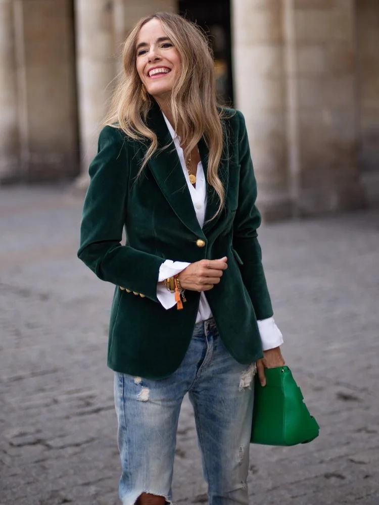 

Elegant Solid Velvet Lapel Blazer Coat Women Waist Cinching Full Sleeve Button Slim Short Jacket Lady 2025 Lady Commute Outwear