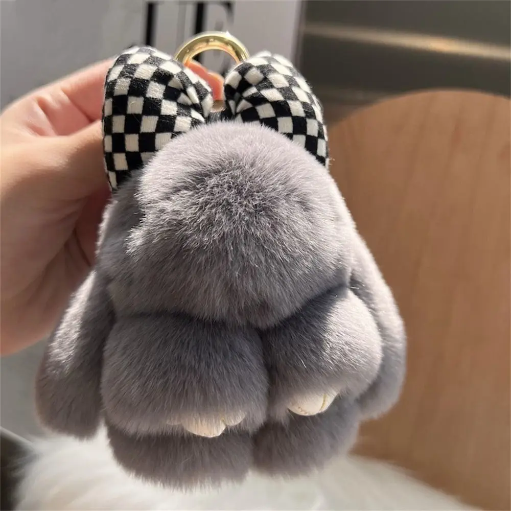 Hair Bow Rabbit Fur Keychain Cute Fluffy Plush Dolls Bunny Keychain Bag Charm Alloy Ring Plush Rabbit Key Ring Couple Pendant