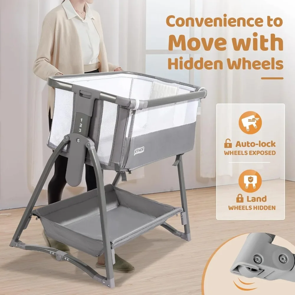 5 in 1 Bedside Bassinet with Changing Table, 7 Height Adjustable, Convert to Rocking Mode for Newborn