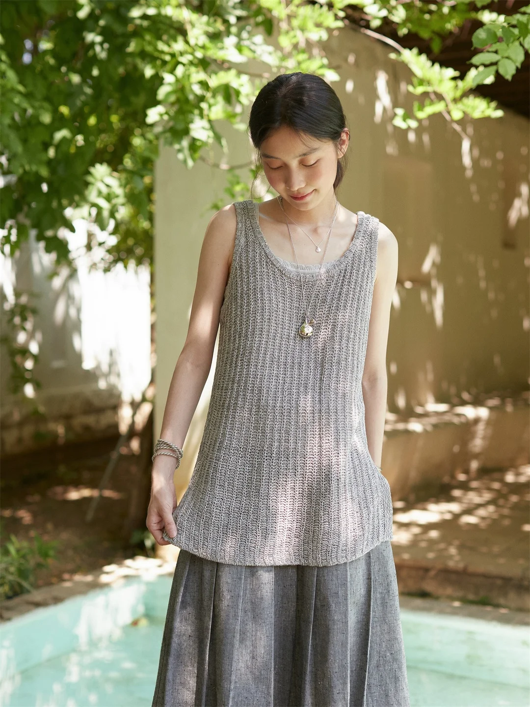 

Loose Long Knitted Vest Double Tead Color Big U Ne Layering Casual Wear Ss Sense Women's Faion Summer Outerwear