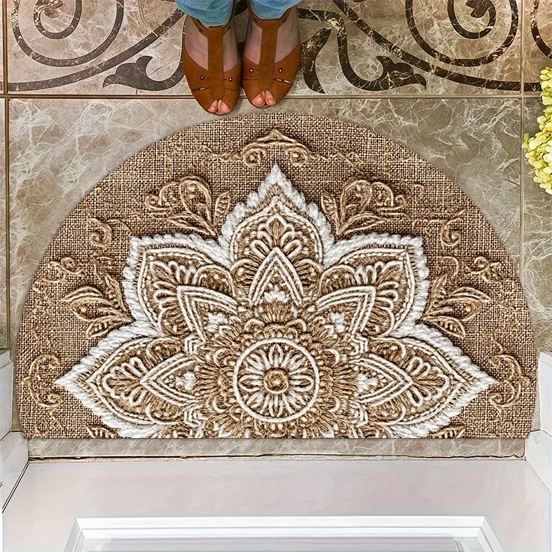 Classic Brown Mandala Pattern Semi Circle Doormat Vintage Rustic Floral Rug Elegant Entrance Floor Mat For Luxury Decor Hot