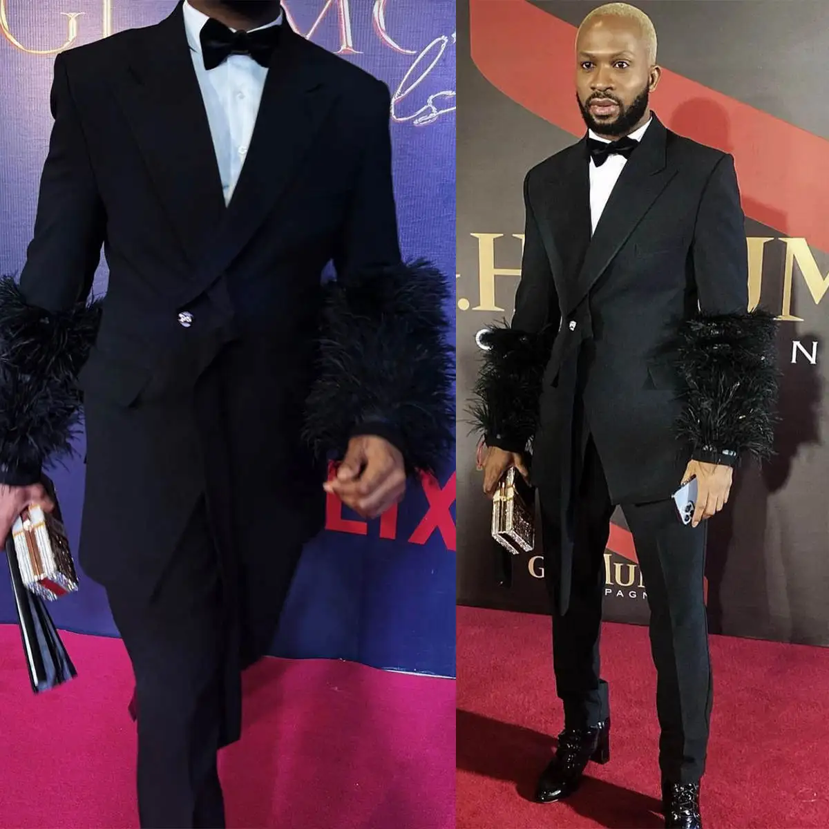 Mens Red Carpet Sets Tailored Ostrich Feather Peaked Lapel Formal Party Groom Wear Fashion Show Tuxedos 2 Pieces