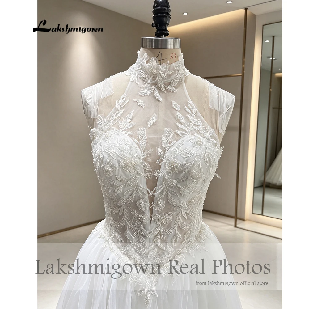 Lakshmigown Neckholder-Illusion-Hochzeitskleider 2027 Echte Fotos Perlen Spitze Applikation Tüll A-Linie Brautkleid Maßanfertigung – Detail 7