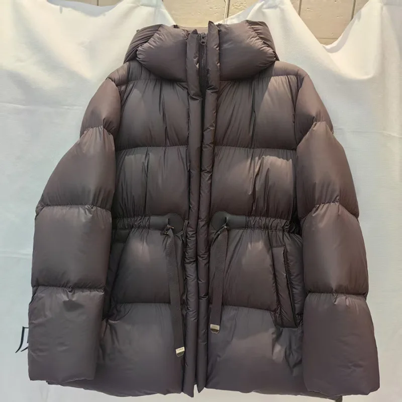 Schinteon Women White Down Jacket with Hood Solid Color Thick Warm Autumn Winter Outwear Parka Drawstring Coat 2026 New Fashion