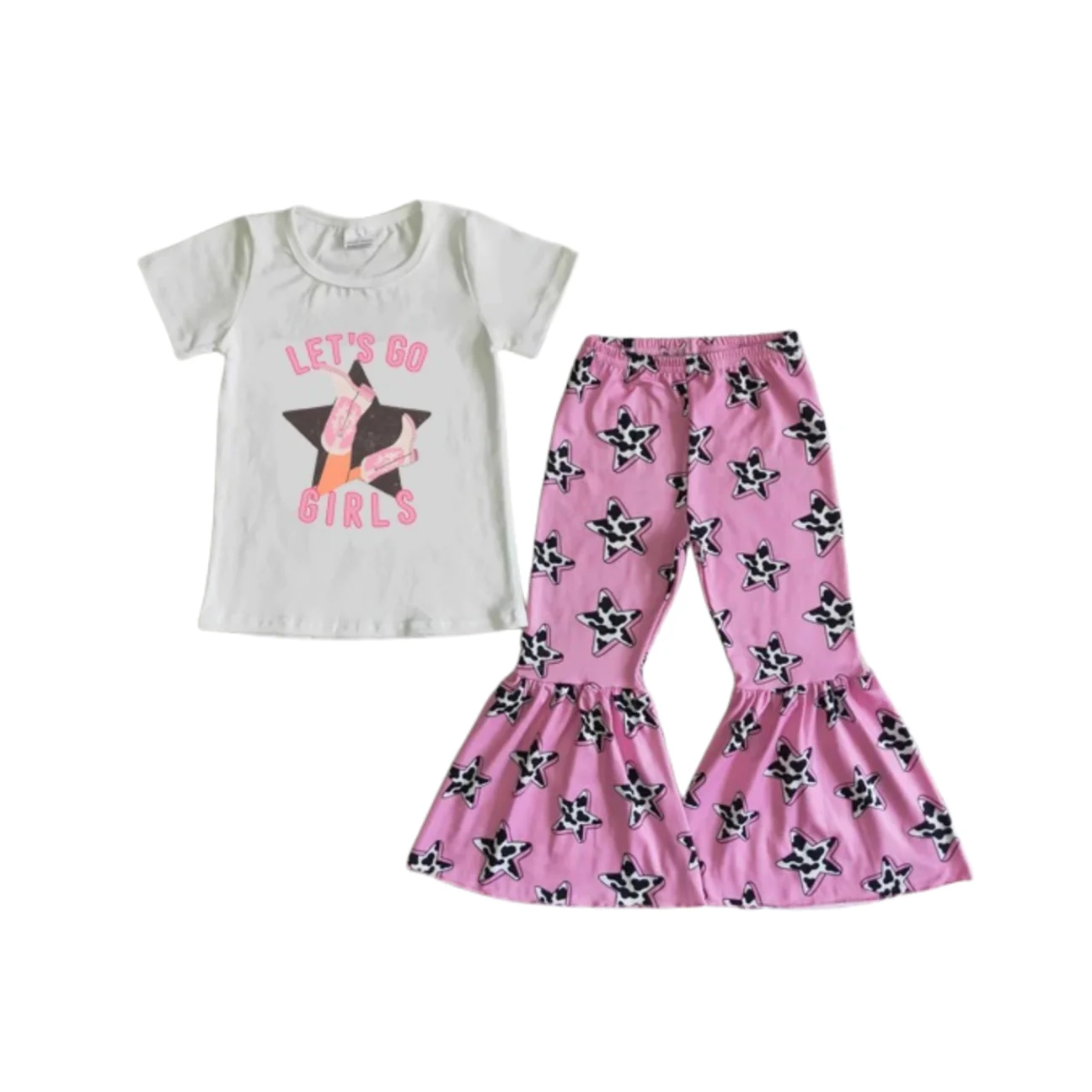 Summer Boutique Girl Suit Five-pointed Star Print Pink Suit Short-sleeved Top Flared Pants 2-piece Set