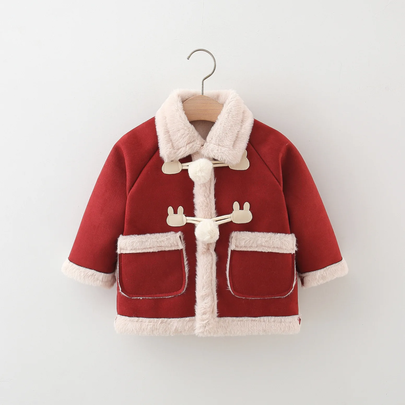 Winter New Girls\' Lapel Suede Fur Coat With Plush Ball Cute Pocket Raglan Sleeves For Warm Outdoor Wear