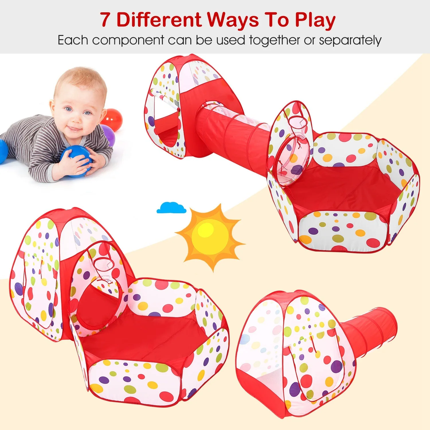 Tente tunnel rampant pour enfants, tente pop-up pour enfants, maison de jeu pliable pour enfants, ensemble de fosse à balles, 3 en 1