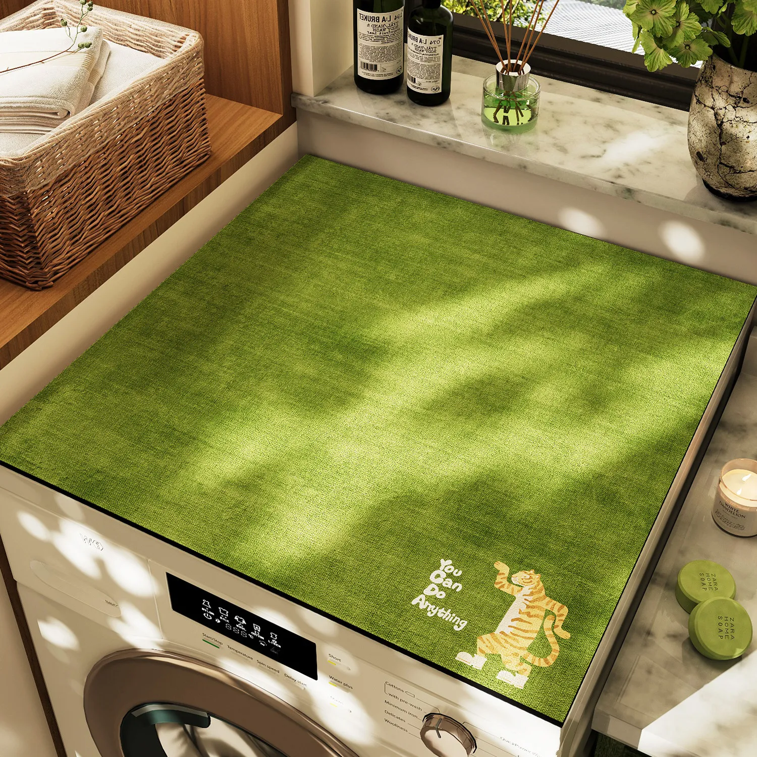 VIKAMA Minimal Elephant Embroidery Washing Machine Top Mat Olive Green Solid Base Waterproof Anti Dust Dryer Cabinet Pad
