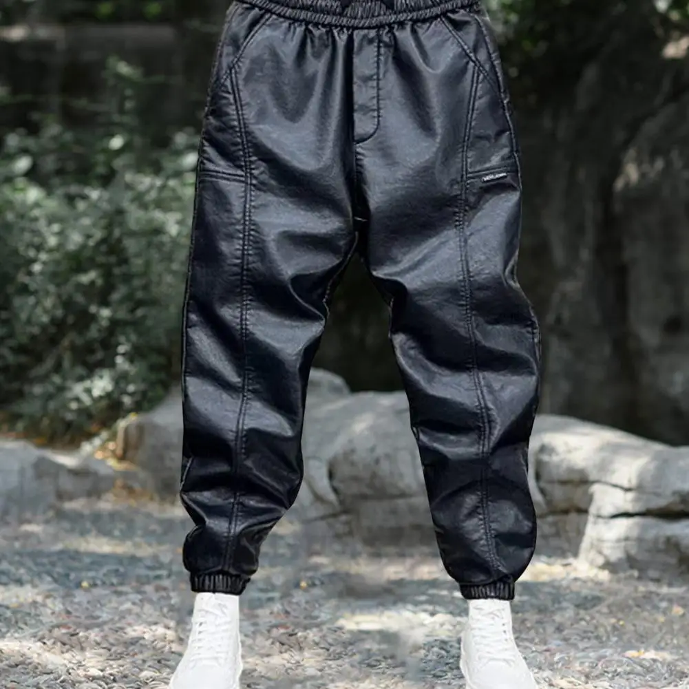 

Velvet Pants Windproof Waterproof Faux Leather Men's Pants with Elastic Waist Ankle-banded Patchwork for Cycling for Outdoor