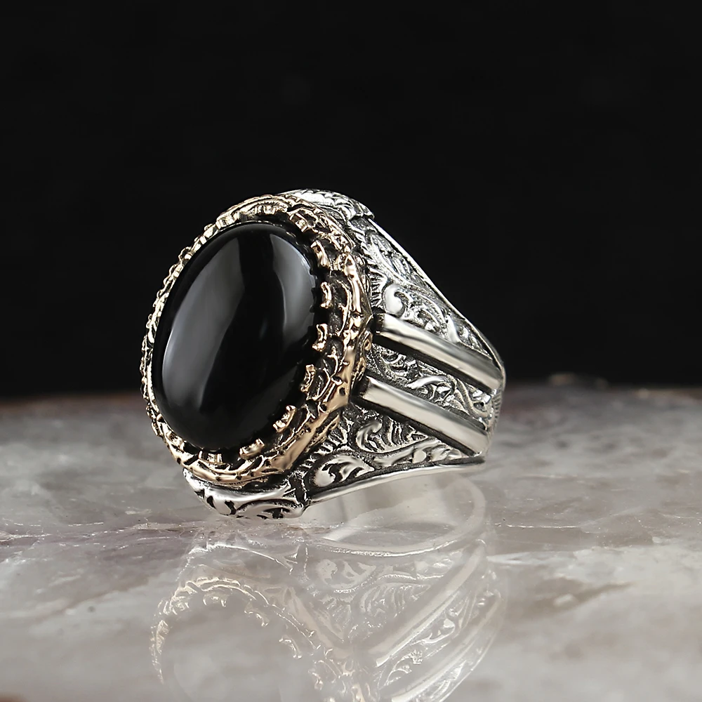 

Onyx Stone Pen İşçilikli 925 Sterling Silver Men 'S Ring