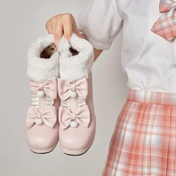 Women Warm Fleece Snow Boots  Lovely Cute Sweet Ladies Cosplay Lolita Boots Shoes Girls Block Heels Bow Knot Footwear Pink Black