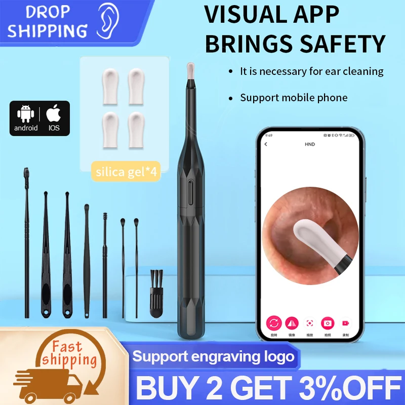 Drop Shipping Ear Cleaner with HD Mini Camera Wireless Earwax Removal Tool Silicone Spoon Otoscope 8 Pcs Ear Set Endoscope Gift