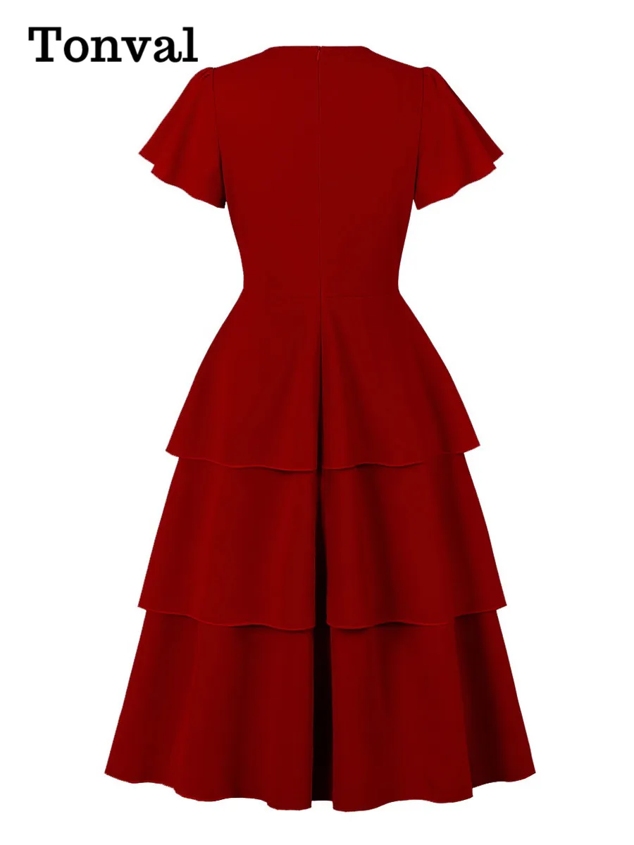 Tonval o-pescoço nó frente cintura alta elegante sólido em camadas vestido 2025 feminino manga curta vintage a linha vestidos longos