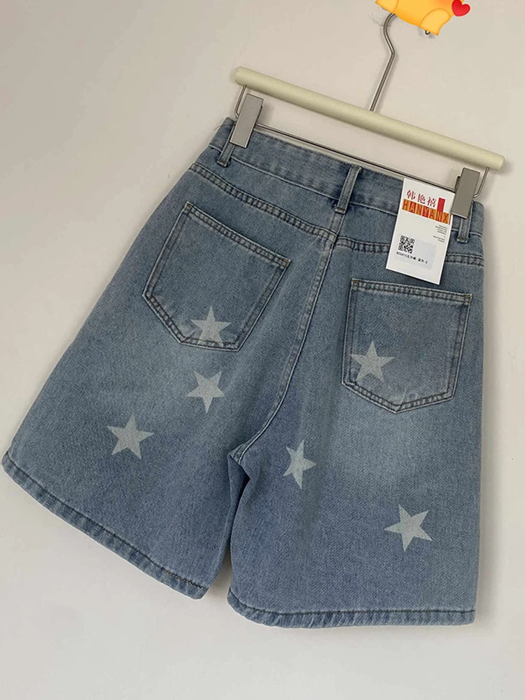 Fashion Star Printed Denim Knee-length Short Pants Summer Women High Waist Loose Blue Jean Shorts Slim Wide Leg Shorts