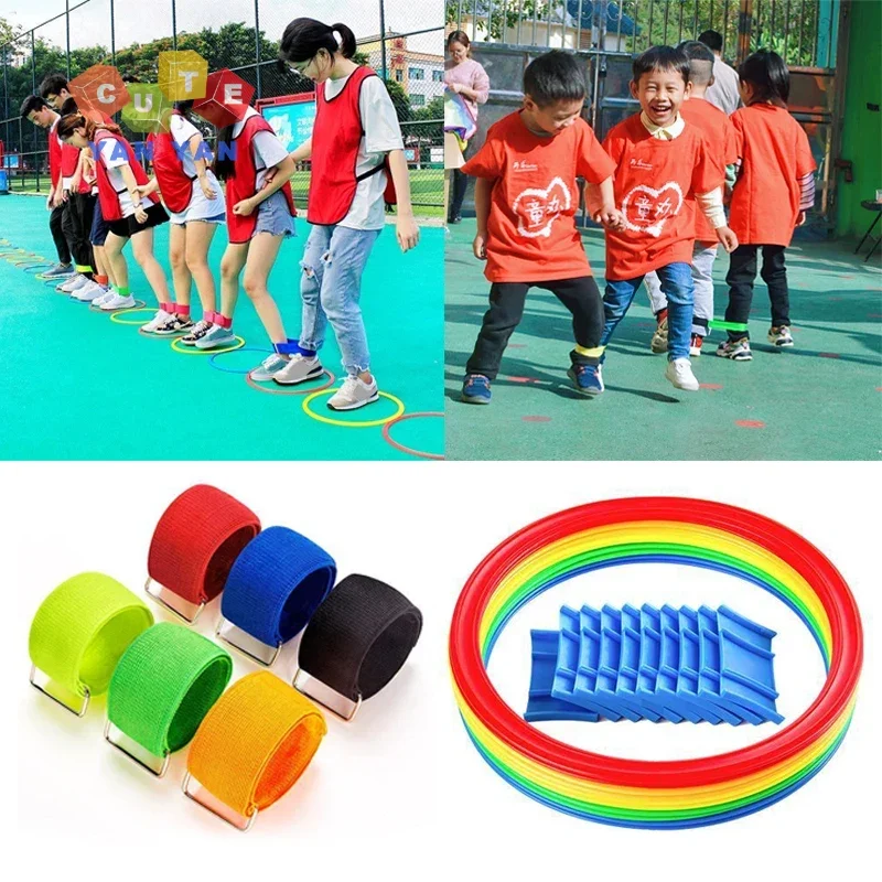 Outdoor Toys Team Building Two People Three-legged Ropes Tied Jump Circle Rings Set Fun Games for Kids Children Training Sensory