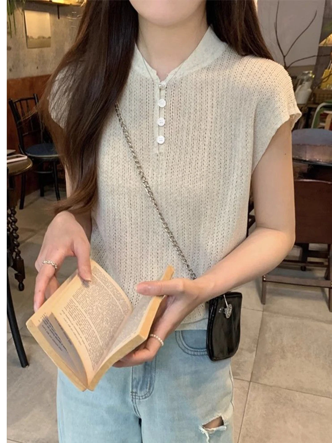 

Summer Lightweight Loose Knitted Hollow out round Neck Short Sleeve T-Shirt Women's Design Breathable Soft Polyester Fiber