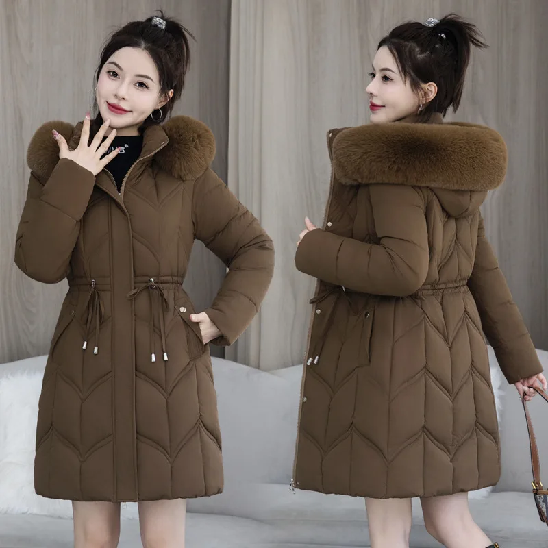 Women Parkas Coats Mid Lenth Jackets Hooded Zipper Solid Drawstring Pocket Cinched Waist Long Sleeves Thick Casual 2025 Winter