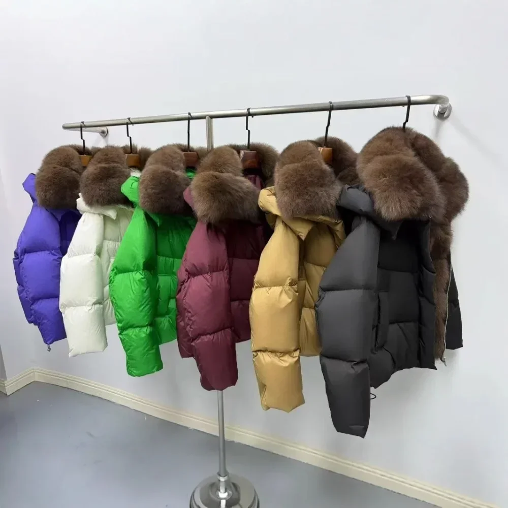 Invierno Real Natural piel de zorro cuello cálido suelto mujeres 90% pato blanco abajo chaqueta de gama alta grueso abajo abrigo corto acolchado