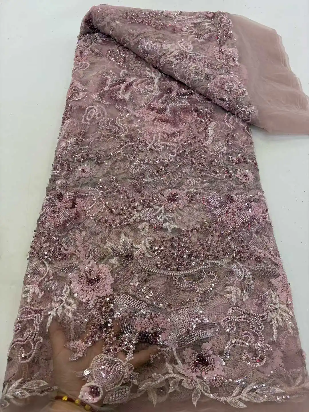 

Latest African Nigerian Mesh Lace Fabric With Beaded Sequins 2025 High Quality French Nigeria Lace Dress for Women Party Wedding