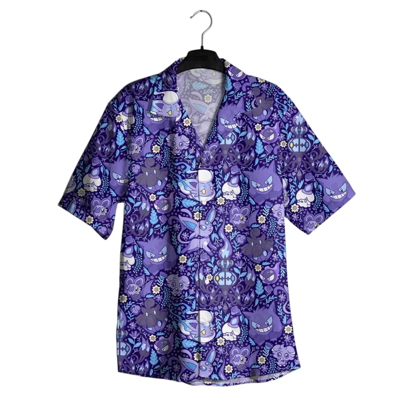 

2026 New Fashion Pokémon Gengar Hawaiian Style Shirt Shorts Set Men Women Casual Loungewear Pajama Set Outfit for Beach Parties