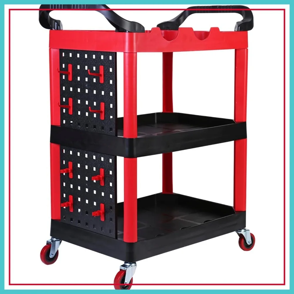 

3-Shelf Utility Service Cart with Hooks, 440 lb Capacity, Rolling Storage Cart for Garage, Workshop, Home Office