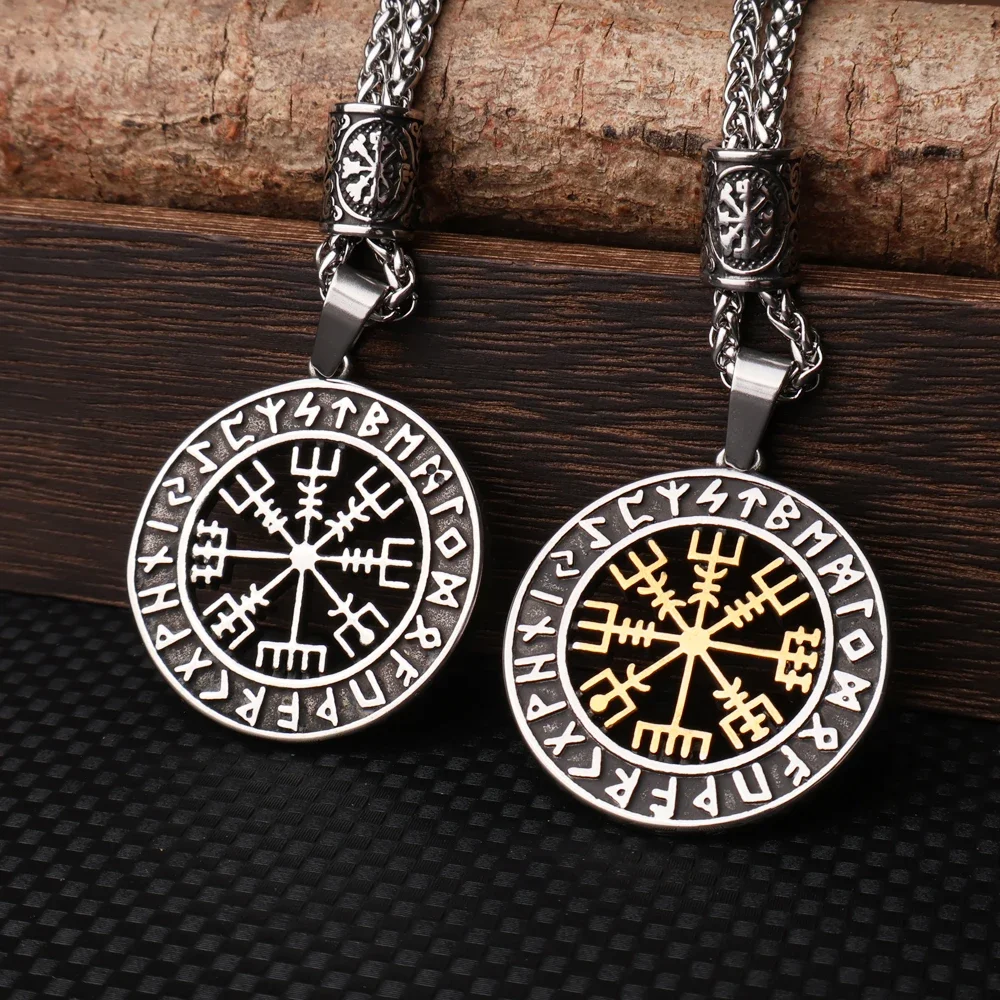 Classic Vintage Norse Odin 24 Runes Viking Compass Necklaces for Men Amulet Vegvisir Viking Pendant Stainless Steel Male Jewelry