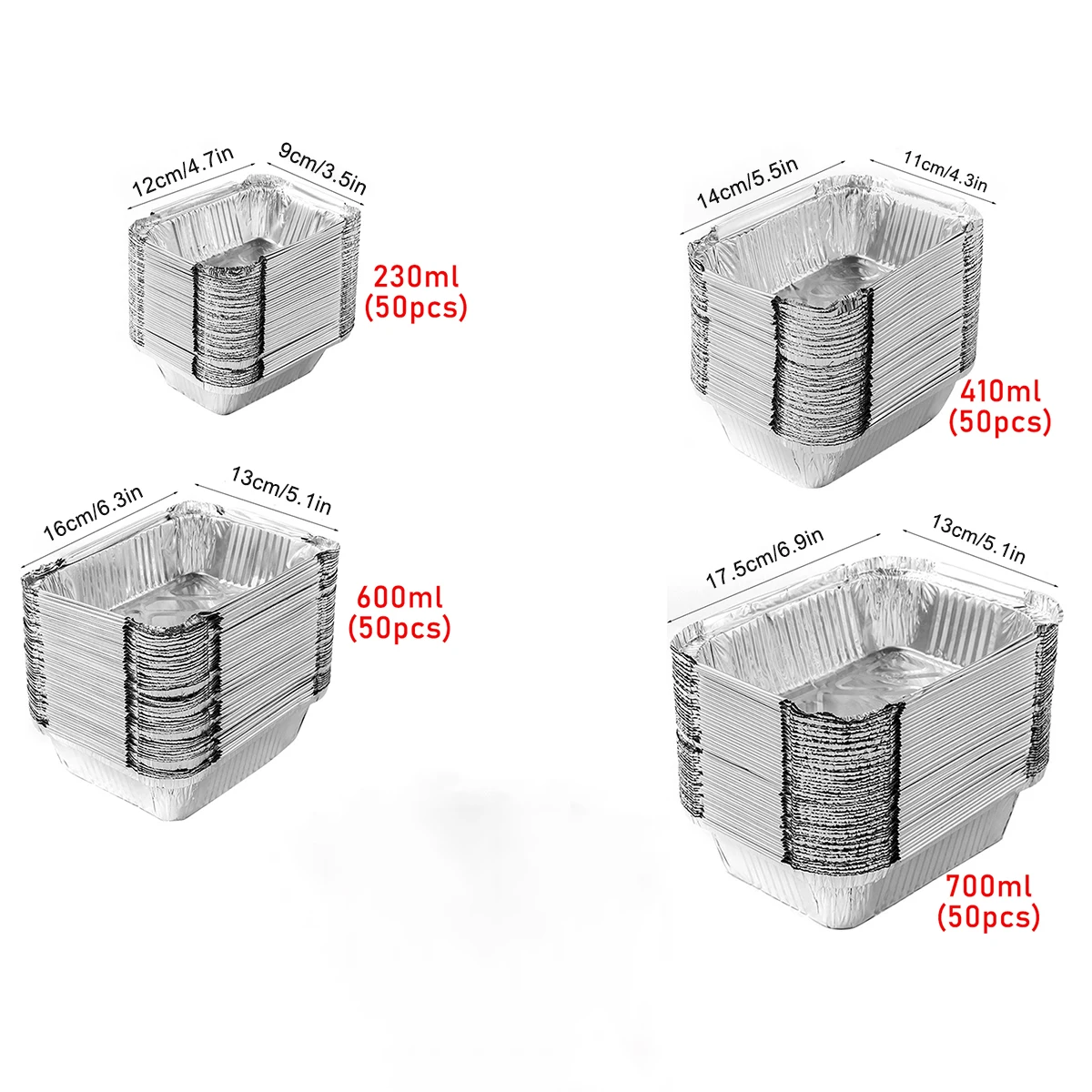 50pcs disposable aluminium foil, various sizes, tin pans are perfect for cooking, heating, storing and preparing food.