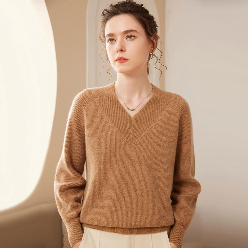 2022 Autumn/Winter Women\'s 100% Pure Cashmere Sweater Knitted Pullovers V-Neck Loose Coat Lady\'s Grade Up Soft Warm Jumper Tops