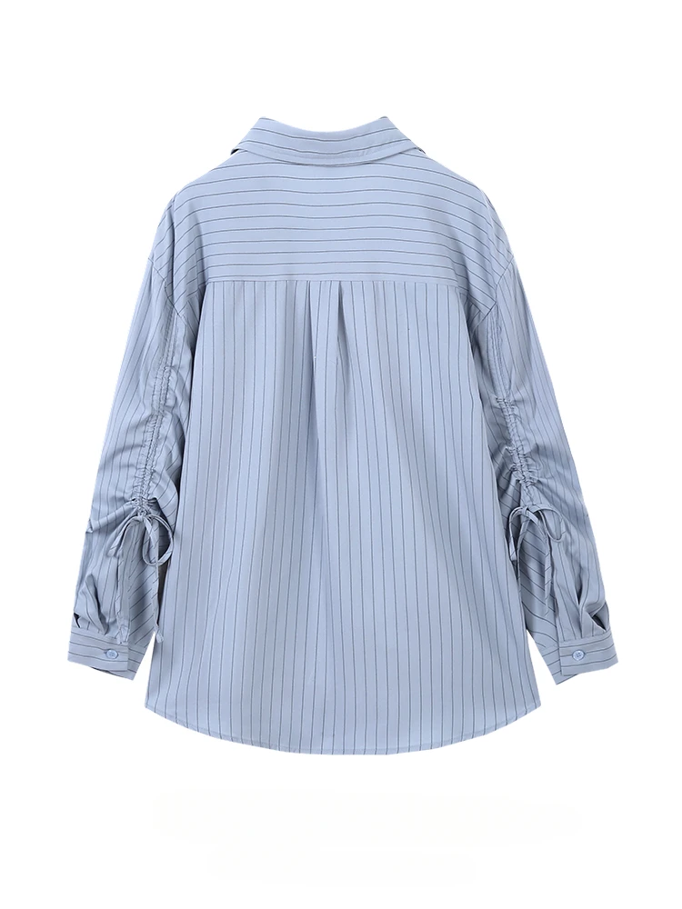 Women\'s Hong Kong Style Retro Long-sleeved Blue Striped Shirts Trendy Spring Autumn Large Size Loose Casual Chic Pleated Blouse