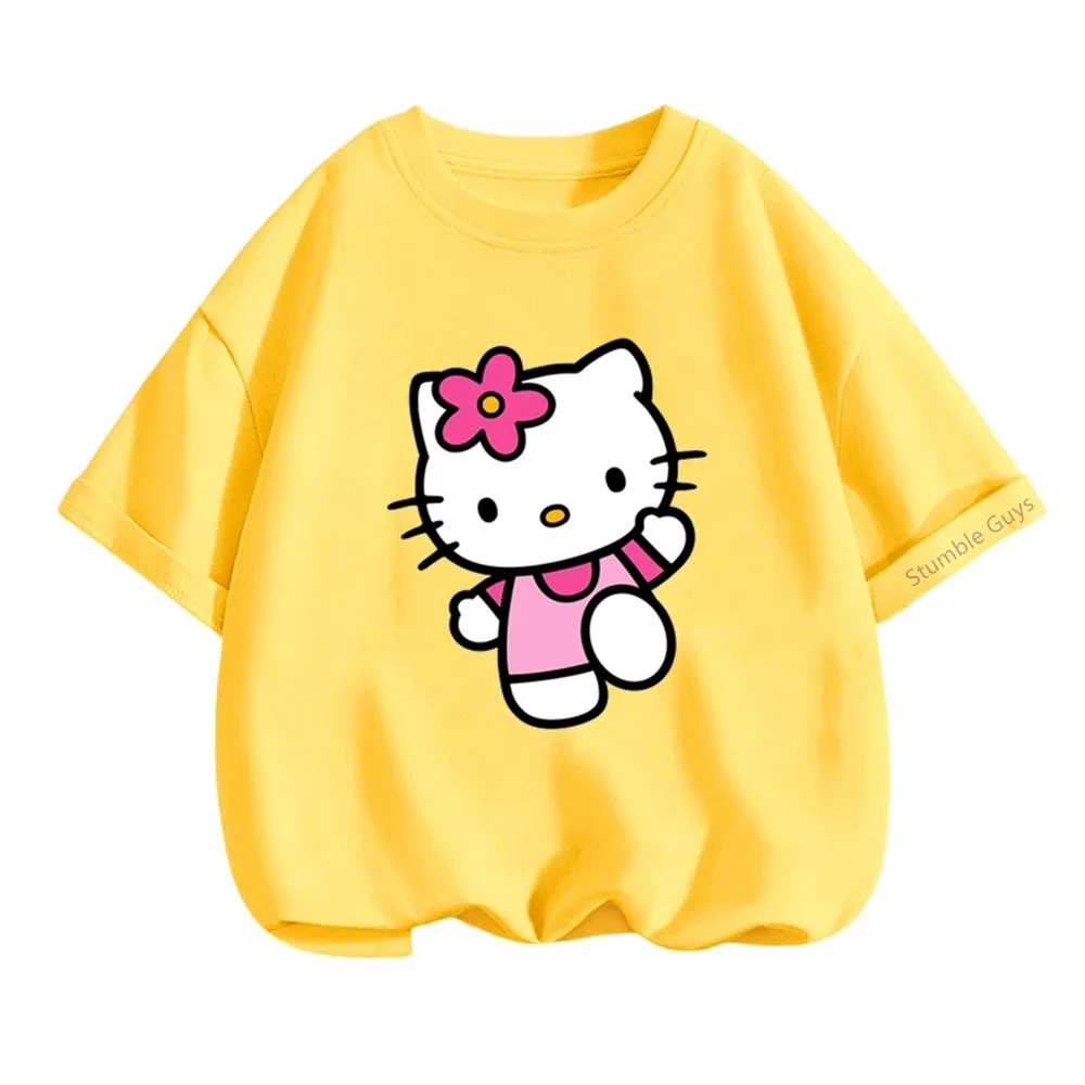 

Модная футболка с короткими рукавами Hello Kitty для детей от 3 до 14 лет, одежда Sanrio для мальчиков, летние топы Kawaii для девочек
