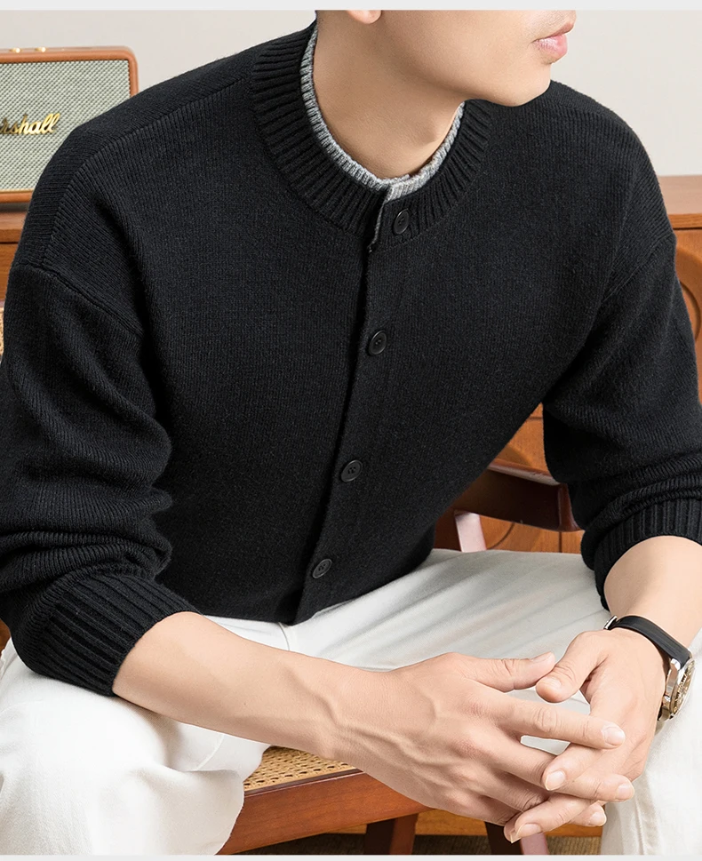 Hochwertige Strickjacke Männer Persönlichkeit Doppelschicht Rundhalskragen Neue Mode Weich Komfort Warm Herbst Winter Pullover Mantel – Detail 8