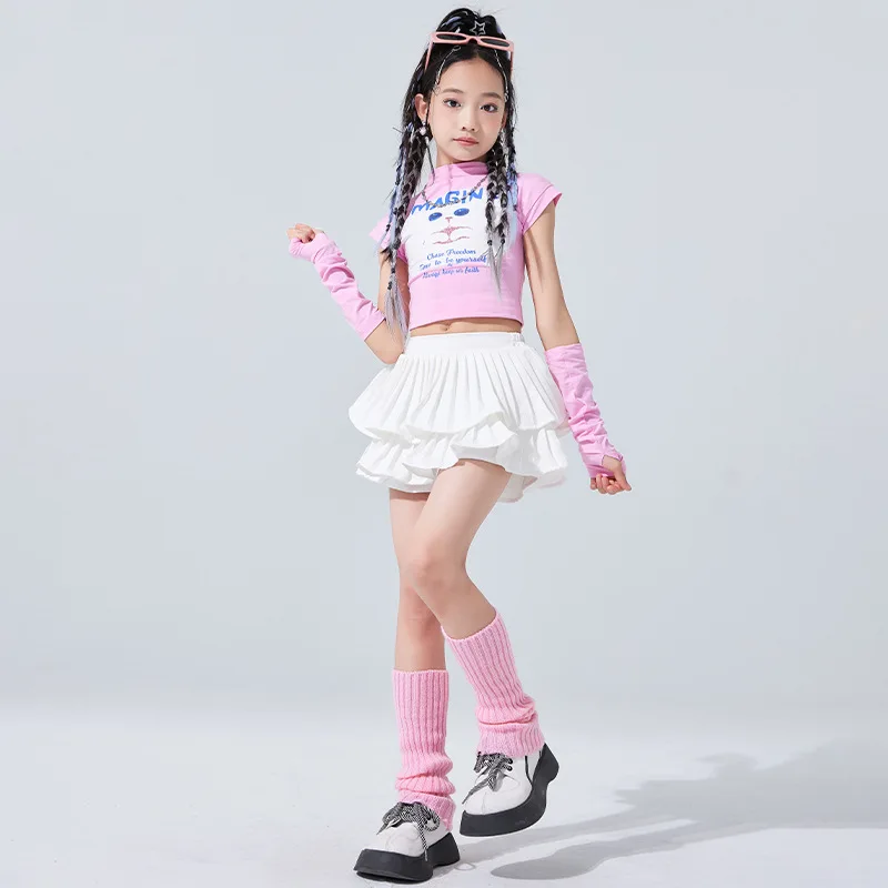 Girls Hip Hop Crop Top White Street Dance Skirt Children Sweet High Neck T-shirts Streetwear Clothes Sets Kids Jazz Costumes