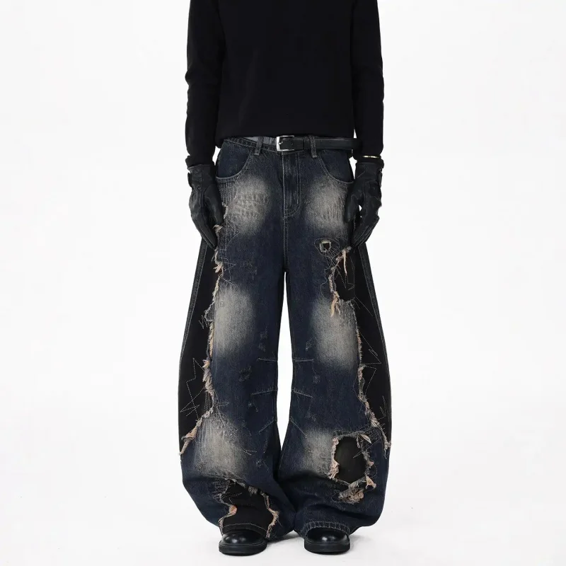 

2026 Wasteland Style Men's Patchwork Denim Jeans, Washed Vintage Style, Trendy Y2K Fashion, Loose Wide-Leg Trousers, Versatile C