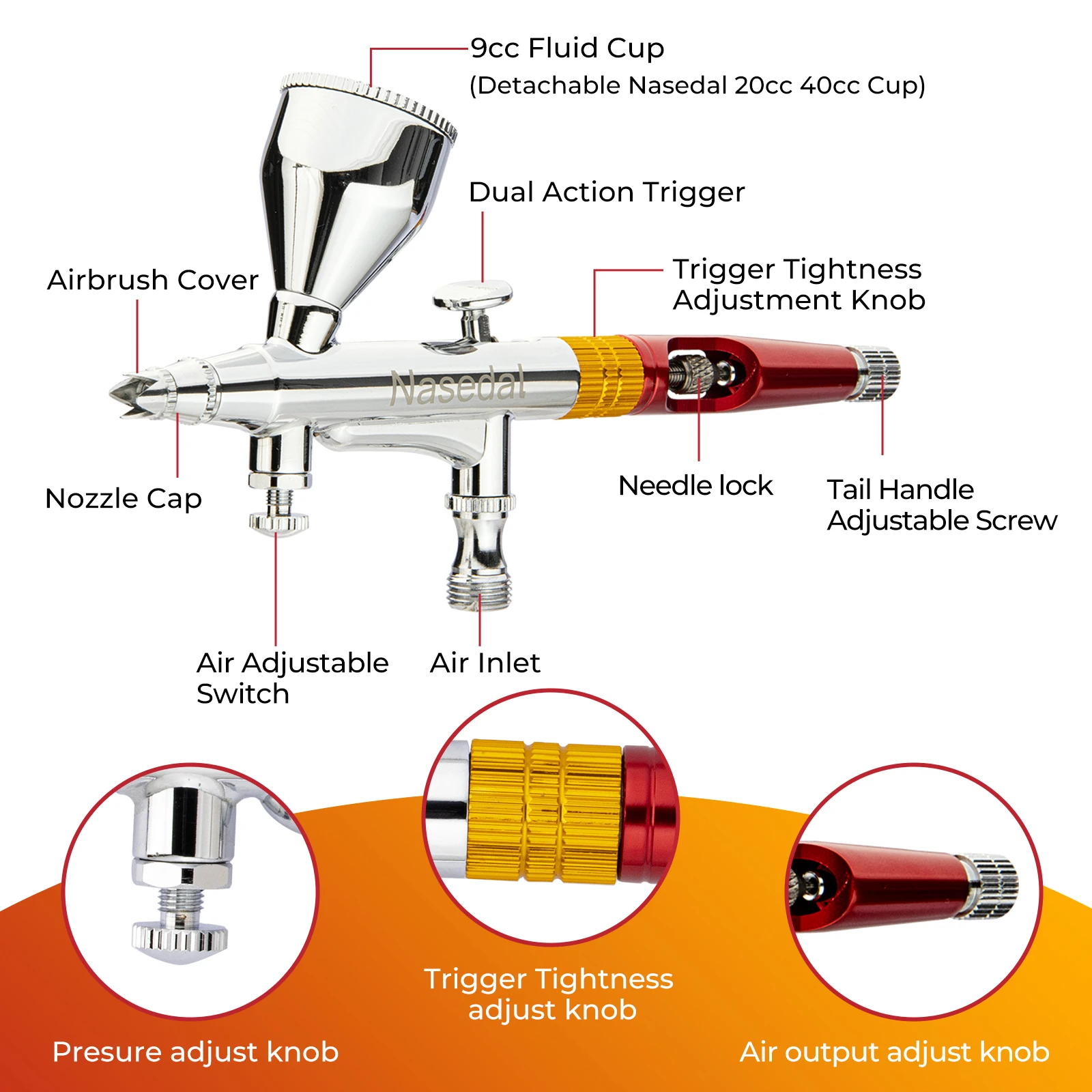 Nasedal Airbrush Gravity Dual-action Spray Gun 9cc Airbrush Paint Nail Makeup Paint Tattoo Art DIY Tool 0.2mm/0.3mm/0.5mm