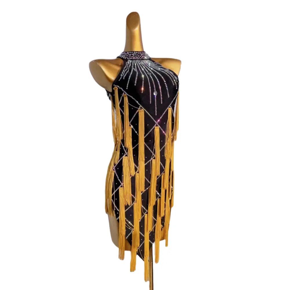 Vestido de dança latina adulto e infantil ab pedra high-end personalizado sem mangas borla vestido floral cha cha tango roupas femininas