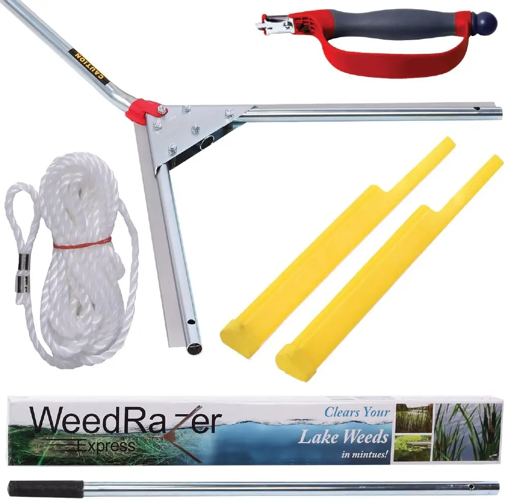 

30 Inch Lake Weed Cutter, Aquatic Pond Plant Cutting Tool, Sharp Razor Blades for Cattail, Reed, Phragmites, Chara Algae, 25 ft Throw Rope